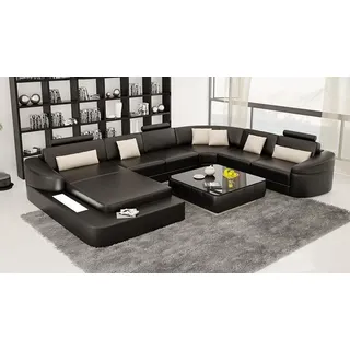 Luxus Ledersofa Polster Moderne Sitz Garnitur Eckcouch Wohnlandschaft LED USB - Schwarz