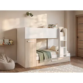 Etagenbett Ausziehbett mit Stauraum - 3x 90 x 190 cm - Weiß & Naturfarben - ANTHONY