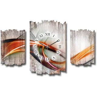 Kreative Feder Dreiteilige Designer-Wanduhr Moderne Welle Shabby-Chic Landhaus-Stil leise Funkuhr ohne Ticken 95x60cm aus Holz (Moderne Welle, leises Funkuhrwerk)