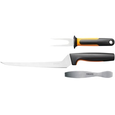 Fiskars Fischbearbeitungs-Set, Functional Form, Inklusive Filetiermesser, Fischspieß und Fischgrätenpinzette, Japanischer Edelstahl/Kunststoff, 1057560