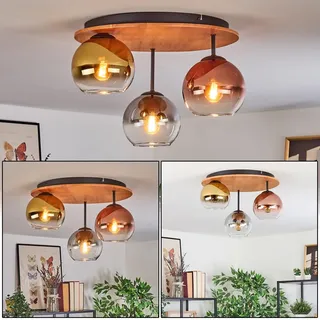 HOFSTEIN Deckenleuchte Koyoto, 3-flammige Deckenlampe aus Metall/Holz/Glas in Schwarz/Natur/Rauch/Kupfer/Gold/Klar, Leuchte im Vintage-Design (Schirme Ø 15cm), E27, Esszimmer, Wohnzimmer, Schlafzimmer