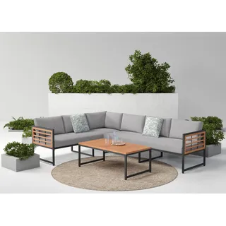 KONIFERA Gartenlounge-Set »Lamia« Set, 2x3er Sofa, 1x Tisch 110x60x42cm, inkl. Auflagen, inkl. 2 Dekokissen, 14 Stk. tlg. Stahl, Akazienholz, verschiedene Stellmöglichkeiten, Loungeset, schwarz