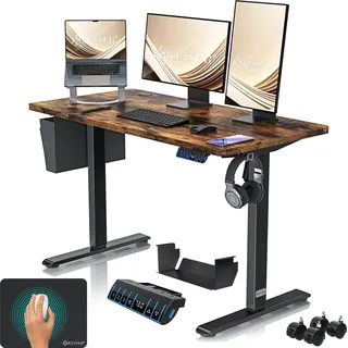 KESSER® Schreibtisch elektrisch & höhenverstellbar Computertisch Ergonomisch Stehen & Sitzen 3-Memory 360° Rollen USB-Ladeanschluss 120x60cm Braun - Braun