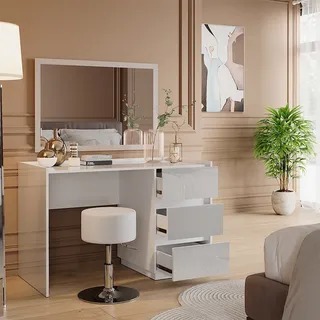 Vicco Schminktisch Marla, 120 cm mit Hocker, Weiß Hochglanz