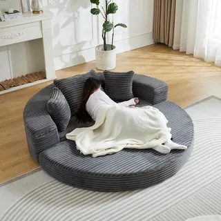 2-in-1 Schlafsofa in Grau – Halbrundes Sofa verwandelt sich in rundes Tagesbett, Cord-Stoffbezug, ideal für kompakte Wohnräume und kleine Apartments - Grau