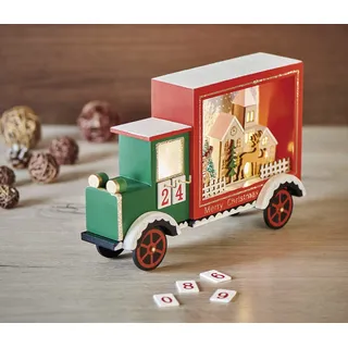 EMOS Leuchtender Laster Adventskalender, Holz LKW mit LED-Beleuchtung und Dekoration, warmweiß, Weihnachtsdekoration für den Innenbereich IP20, batteriebetrieben (2x AA), 6/18h Timer, 20x30,5 cm