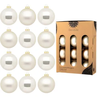 DecoLite Weihnachtskugeln Glas 8 cm, 12er Set, Champagner Matt-Glänzend | 12 Glaskugeln Ø 8 cm, innen echt versilbert, inkl. S-Aufhänger 3,8 cm, plastikfreie Kartonbox
