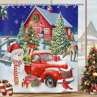 Duschvorhang Weihnachten 180x200, Hnmdmyi Schneemann Weihnachtsbaum Hirsch Rot LKW Geschenk Bauernhof Winter Urlaub Frohes Neues Jahr Badewanne Vorhang Wasserdicht Polyester Stoff Waschbar Badevorhang