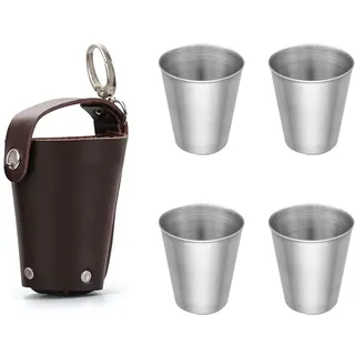 Schnapsglas Aus Edelstahl, Edelstahl Schnaps Becher, Metall Schnapsbecher,Schnaps Gläser aus Metall, 4 Stück 70 ml mit Lederetui, für Wandern Camping