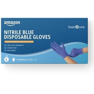 Amazon Basic Care Blaue Nitril Einmal-Handschuhe, Puder frei, Größe L, 100 Handschuhe (Früher Marke Hevea)