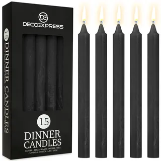 DECO EXPRESS Stabkerzen Kerzen Set 15er Pack Handgemachte Rustik Kerzen Geruchslos Lange Brenndauer bis zu 9 Stunden Tropffreie Tafelkerzen (Schwarz - 15er Pack)