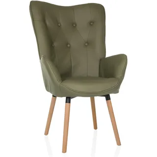 hjh LIVING Ohrensessel in Velour-Optik HAVENIO I Sessel für Wohnzimmer Schlafzimmer, Polsterstuhl mit Holzbeinen, Stoff Olivgrün