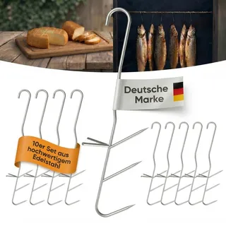 ok4y Räucherhaken Edelstahl 10 Stück MultiV – 19 cm, 3 mm Ø, 3-Fach Spreiz-V Doppel L Haken – Ideal zum Räuchern von Fisch, Fleisch, Wurst & Käse im Räucherofen, Smoker oder Grill