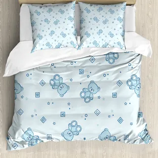 ABAKUHAUS Kindergarten Bettbezug, Teddybär Spielzeug Letters, Milbensicher Allergiker geeignet mit Kissenbezügen, 200 cm x 200 cm - 80 x 80 cm, Baby Blue Aqua