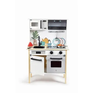 Hape Kinderküche , Holz, Holzwerkstoff , 12-teilig , Sperrholz , 60x91.8x30 cm , Reach, EN 71 , Geräuscheffekte, Lichteffekte, Holzgriffe, mit Knöpfen , Spielzeug, Holzspielzeug
