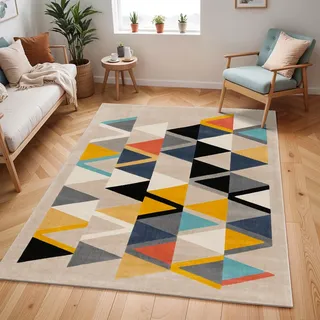 Livabliss Marietta Wohnzimmer Boho, großer Schlafzimmer 160x220 cm - für Esszimmer mit geometrischem Muster, Skandinavischer Wohnzimmer modern in Beige, Orange, Grau