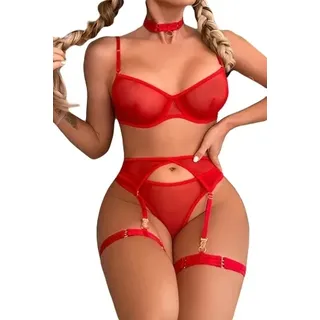 Damen Unterwäsche Set BH Choker Oberschenkelgurte Bauchstring Rot S - Rot