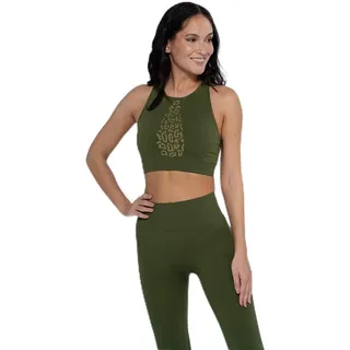 HECVS|#HEART and SOUL Damen Top Riviera Leo-Green Bush Sport-BH mit kreuzten Trägern auf dem Rücken und gemustertem Muster aus goldenen Nieten, Damen, 0919035RL1989-XS/S, grün, XS/S