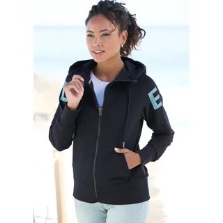 Kapuzensweatjacke ELBSAND "Kalea", Damen, Gr. M (38), marine, Sweatware, Obermaterial: 95% Baumwolle, 5% Elasthan, unifarben mit Farbeinsatz, figurumspielend hüftlang, extrabreites Bündchen, Sweatjacken Kapuzensweatjacke, mit großem Logodruck hinten, bequeme Freizeitjacke mit Taschen, Topseller