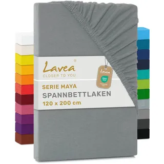 Lavea® Spannbettlaken 120 x 200 cm Maya Jersey, Bettlaken aus 100% Baumwolle, mit Rundumgummi für Matratzen bis 20 cm, atmungsaktiv, pflegeleicht, formstabil, Spannbetttücher, Mittelgrau