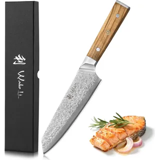 Wakoli Oribu Kiritsuke Küchenmesser – 18 cm Damastmesser aus 67 Lagen mit VG-10 Kern – Olivenholzgriff – Kochmesser in Geschenkbox