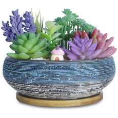 ARTKETTY 8 Zoll große runde saftige Pflanzgefäße mit Drainage Bambusschale Keramik glasierte Bonsai Töpfe für Innen- / Außenpflanzen Garten dekorative Kaktusblumenbehälter Schüssel