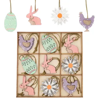 Valery Madelyn 18 Stück 5cm Anhänger, Holzdeko zum Aufhängen, Osterschmuck aus Holz, Osterhasen Eier Hühner und Blumen Dekohänger für Ostern Frühling Deko (Bunt)