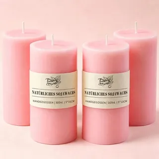 UGBEM 4 Stück Sojawachs Stumpenkerzen, Ø 5 x 10 cm Rosa Ohne Duft Kerzen