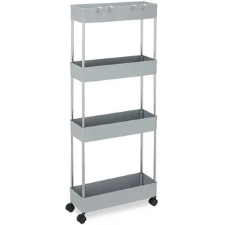 Relaxdays Nischenwagen, Kunststoff, HBT 98 x 15,5 x 40,5 cm, schmales Nischenregal Bad, Küche, 4 Haken & Fächer, grau