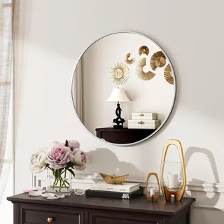 Koonmi runder Wandspiegel 60 cm, Metallrahmen, Silber | Bad und Schminkspiegel zur Wandmontage für Badezimmer, Wohnzimmer, Schlafzimmer und Eingangsbereich