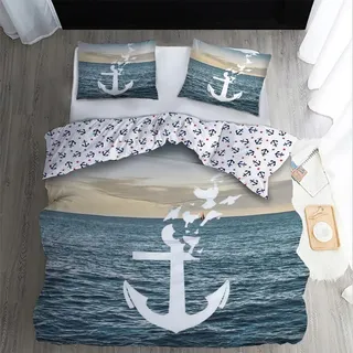 WQIZXCW Bettwäsche 140x200 2er Set, Anker Wendebettwäsche - 110gsm Weiche Microfaser, Maritim Meer Bettbezug mit Reißverschluss und 1 Kissenbezug 70x90 cm