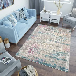 TAPISO Lazur Teppich Kurzflor Grau Blau Creme Rosa Ornament 160 x 220 cm | Klassisch Verwischt Orientalisch Wohnzimmer Schlafzimmer Modern Design OEKO-TEX