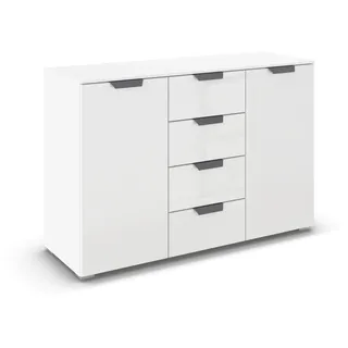 Rauch Möbel Aditio, Kommode für Schlafzimmer, Wohnzimmer, Kinderzimmer, Flur, 2-türig, Glasfront, 4 Schubladen, Soft-Close-Funktion, Sideboard im modernen Look, Farbe Front Glas Weiß, Breite 120 cm