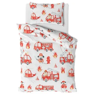 MTOnlinehandel Babybettwäsche 100x135 cm Set – 2-teilig mit Kissenbezug 40x60 – Kinderbettwäsche Little Hero Tiere - Baumwolle – Feuerwehr & Feuerwehrauto Motiv – Oeko-TEX Zertifiziert