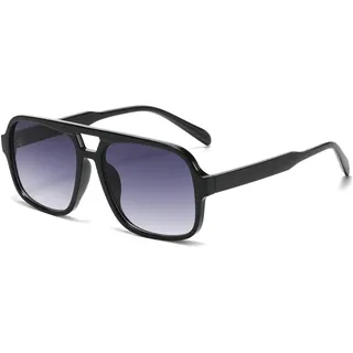 Long Keeper Retro Klassisch Piloten Sonnenbrille für Damen Herren 70er Doppelsteg Flach Quadratische überdimensional Sonnenbrille (SchwarzGradualGrey)