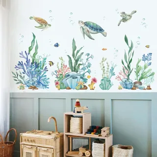 wondever Wandtattoo Unter dem Meer Seeschildkröte Wandsticker Seetang Gras | Abziehen und Aufkleben, Abziehbar, Wandaufkleber Selbstklebend für Kinderzimmer Babyzimmer Schlafzimmer Wanddeko