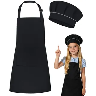 DiULi Kochschürze Kinder, Kinder Schürze und Kochmütze Set, Verstellbare Backschürze mit Taschen für Jungen Mädchen, Kinderschürzen für Kochen Backen Malen Basteln Party, S/L