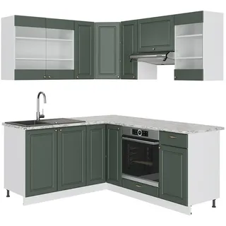 Vicco Winkelküche Fame-Line L-Form 160 x 190 cm Grün-Gold Landhaus/Weiß