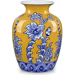 Hollyone Keramikvase Blau und Gelb Vasen 21cm Blumenvasen Vintage Deko Vase für Blume Tischdeko Porzellanvasen Retro Chinoiserie Vase für Blumenstrauß Wohnzimmer Badezimmer Hochzeitsdeko