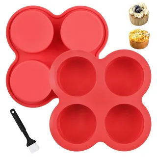 Kaslaider 2 Stück Silikon Muffinform mit Backpinsel, Mini Cupcake Backform Set mit 4 Mulden, BPA-Frei Antihaft Muffinförmchen, Spülmaschinenfest für Ofen, Airfryer, Mikrowelle (Rot)