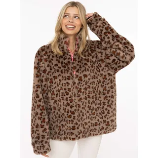 Troyer ZWILLINGSHERZ "Fake Fur Troyer Cozy Leo", Damen, Gr. XL, braun (grau), Obermaterial: 100% Polyester, Pullover Troyer, mit Stehkragen, Reißverschluß, flauschiges Material, Leo-Allover