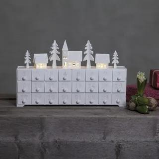 Adventskalender 'Yuletide' | Holz | weiß | mit Beleuchtung | 4 LEDs warmweiß | Größe ca. 37 x 21 cm | 24 Schubladen | zum selberfüllen | Weihnachtskalender - Weiß
