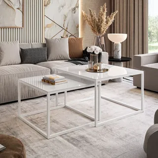 YOSHI GLASS Couchtisch 2in1 39cm/45 cm Weiß / Weiß hochglanz - Weiß