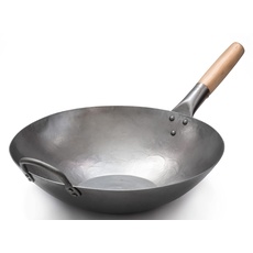 Craft Wok 731W316 Pow-Wok, flach, handgehämmerter Karbonstahl, mit Holz- und Stahlgriff, 35,6 cm, flacher Boden, flach, 731W316