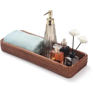 Rattan Badezimmer Eitelkeit Tabletts Toilettenbehälter Korb Aufbewahrung Lange Schmale Handtuch Aufbewahrungskorb für Lagerung, Dekorativ (Honigbraun 41.5 x 15.5 x 5cm)
