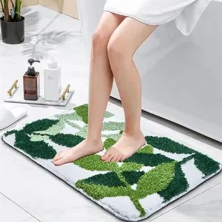 Baahrnom Badezimmerteppich 51 x 81 cm Grün Badematte rutschfest | Badvorleger Waschbar Kuschelig Weich Blatt Badteppich für Duschboden Schlafzimmer Kinderzimmer