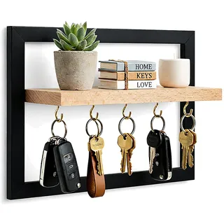 Schlüsselbrett mit Ablage – Wandorganizer mit 5 Haken & Ablage aus Buchenholz – Modernes Design mit schwarzem Rahmen – Schlüsselhalter für Flur, Küche oder Büro