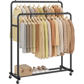 SONGMICS Kleiderständer, Kleiderstange auf Rollen, Garderobenständer, 2 Rollen mit Bremse, Schlafzimmer, bis 90 kg belastbar, 46,5 x 110 x 155,5 cm, tintenschwarz HSR017BH01