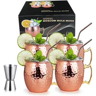 Moscow Mule Becher 4er Set Kupfer Moskau Mule Becher 550ml Tasse Kupferbecher für Cocktail, Gin, Bier, kalte Getränke, Zuhause, Bar, Party, Valentinstag Muttertag Vatertag Geburtstag Geschenke Kasten