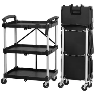 Mahlzeit Faltbarer Servierwagen mit Rollen, belastbar bis 150 kg 3 Etagen Lagerregal, Schwarz | Schwarz
